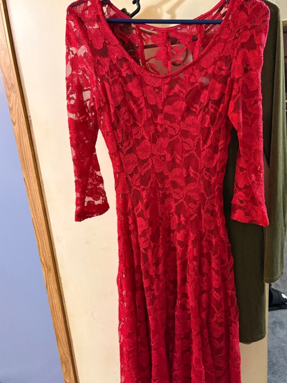 Women's Red Lace Fit-and-Flare Dress and green body cone dress